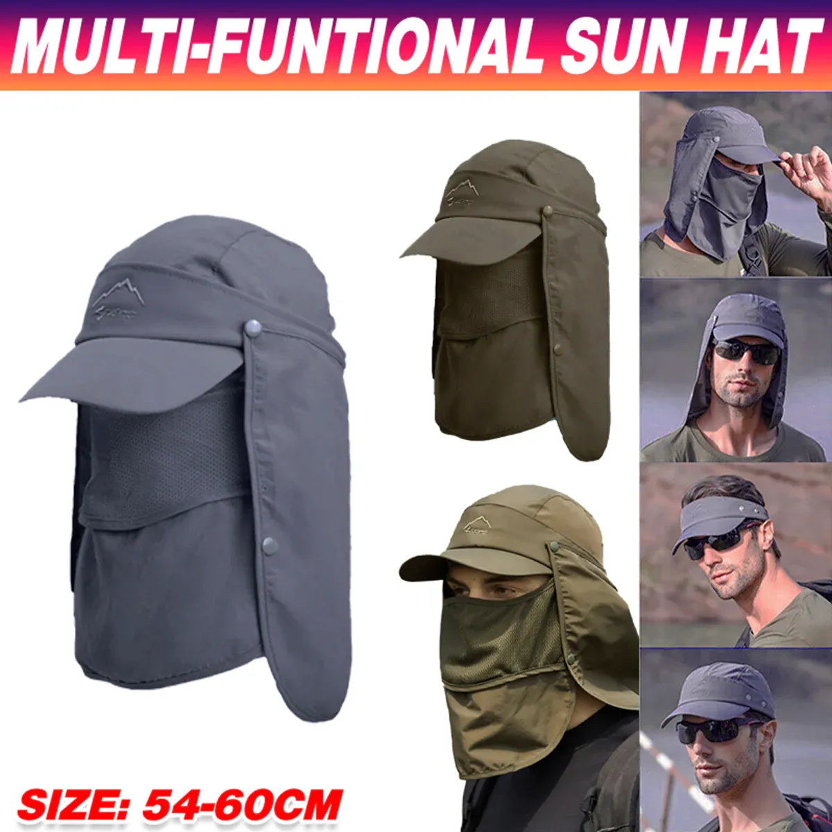 Unisex Face Neck Flap Hat Wide Brim Cap Hiking Fishing Sun Protection Outdoor - Army Green