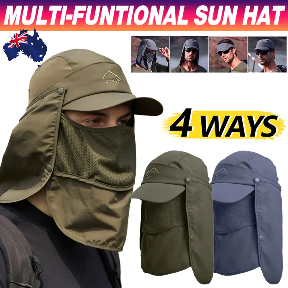 Unisex Face Neck Flap Hat Wide Brim Cap Hiking Fishing Sun Protection Outdoor - Dark Grey