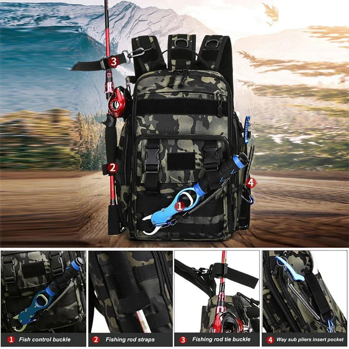 Fishing Tackle Backpack Storage Bag Shoulder Fishing Gear Bags Outdoor Backpack - Night Camouflage