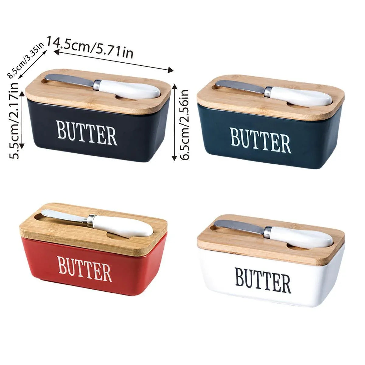 Butter Box with Knife Rectangular Cheese Container with Wooden Lid for Kitchen - Blue
