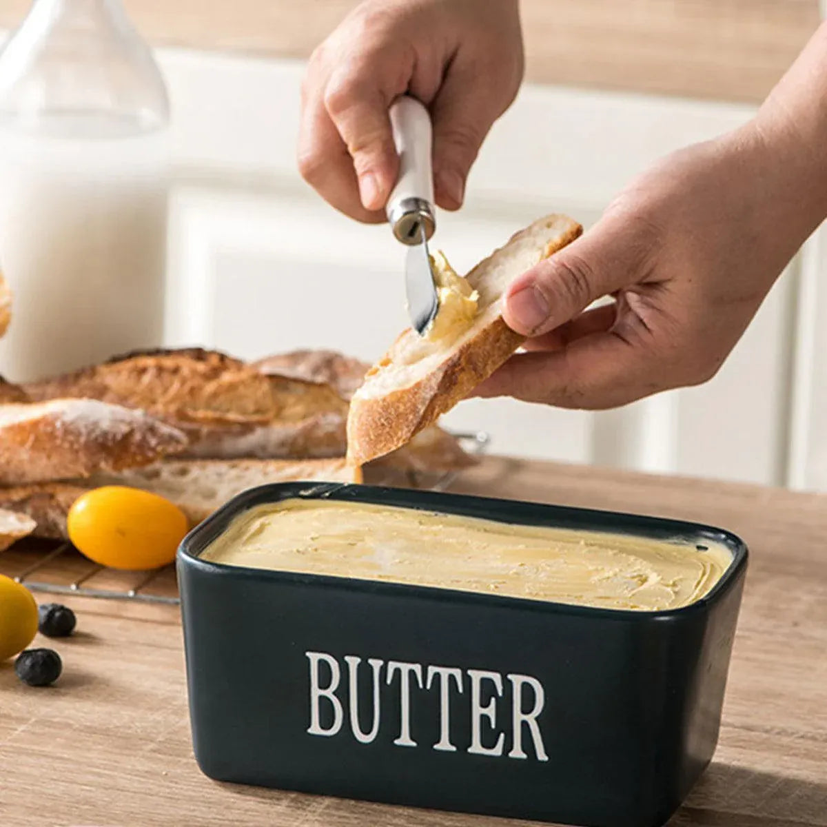 Butter Box with Knife Rectangular Cheese Container with Wooden Lid for Kitchen - Blue