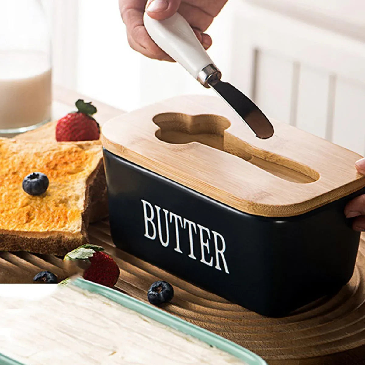 Butter Box with Knife Rectangular Cheese Container with Wooden Lid for Kitchen - Blue