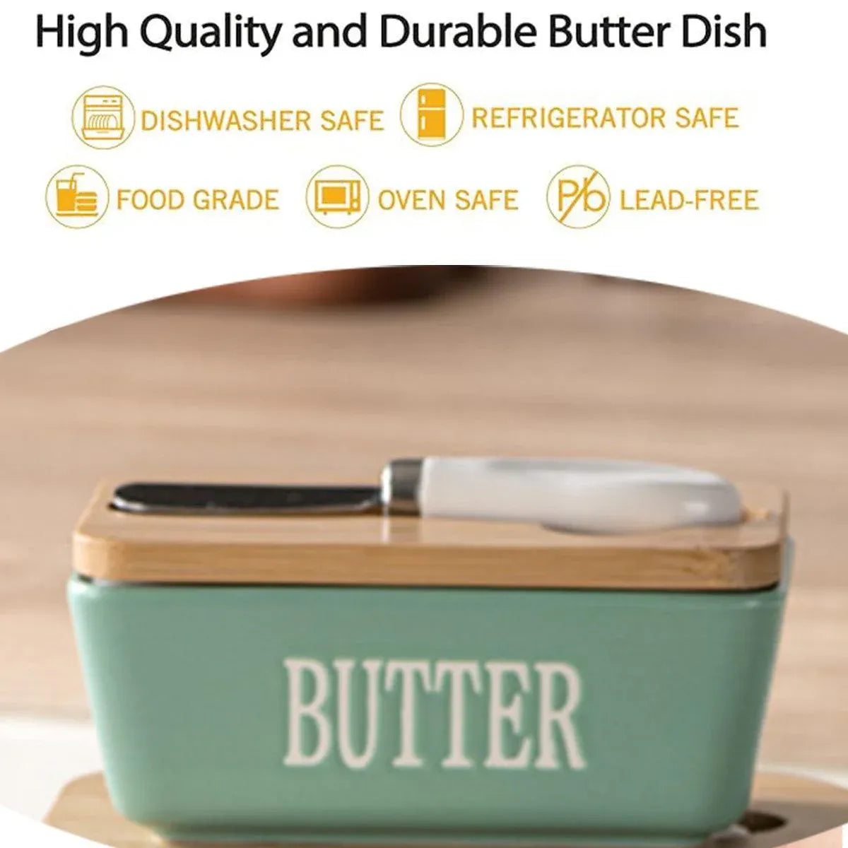 Butter Box with Knife Rectangular Cheese Container with Wooden Lid for Kitchen - Blue