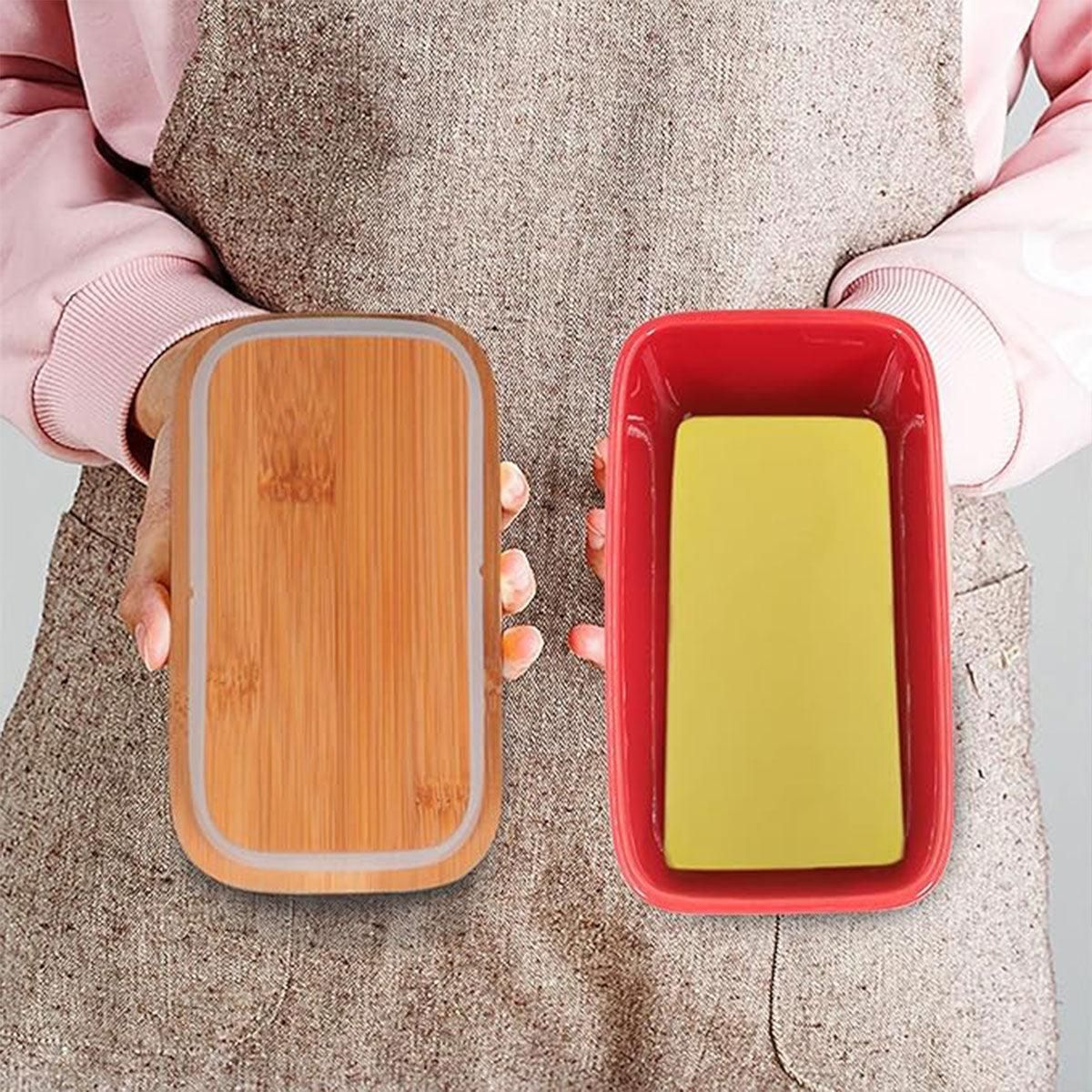 Butter Box with Knife Rectangular Cheese Container with Wooden Lid for Kitchen - Blue