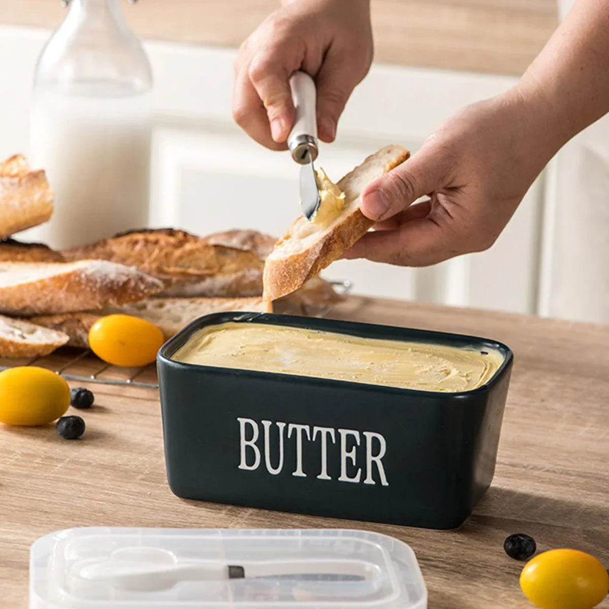 Butter Box with Knife Rectangular Cheese Container with Wooden Lid for Kitchen - Blue