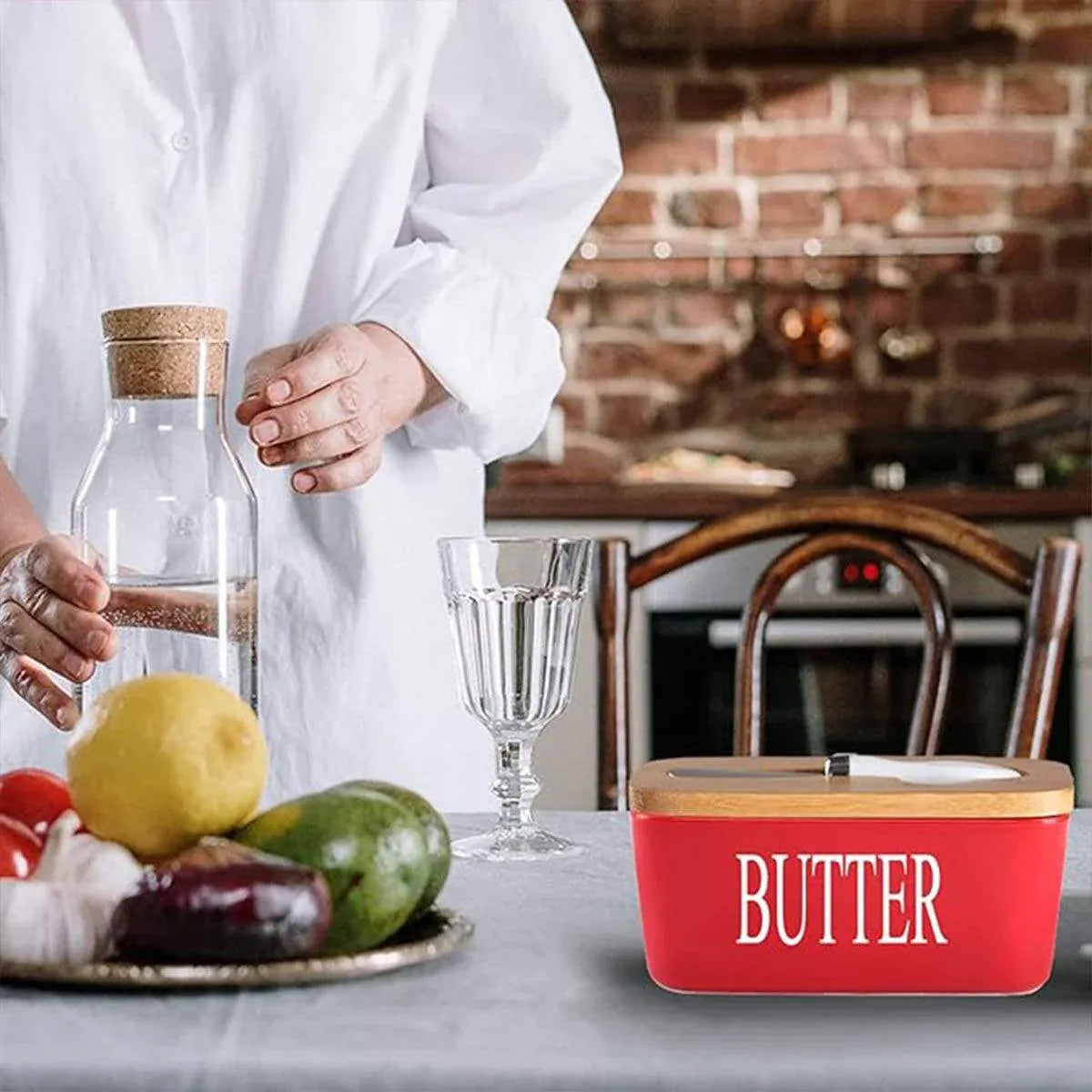 Butter Box with Knife Rectangular Cheese Container with Wooden Lid for Kitchen - Blue