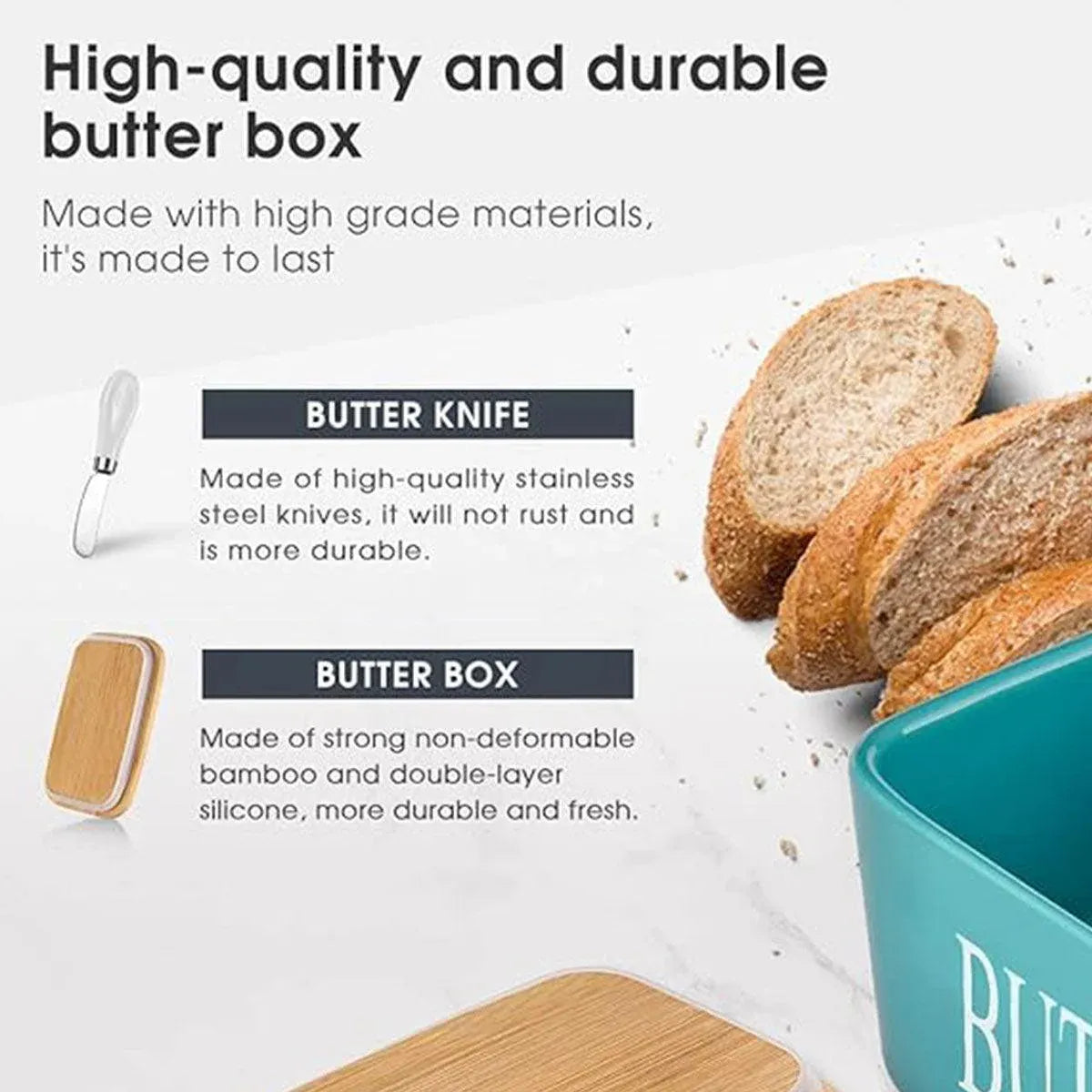 Butter Box with Knife Rectangular Cheese Container with Wooden Lid for Kitchen - Blue