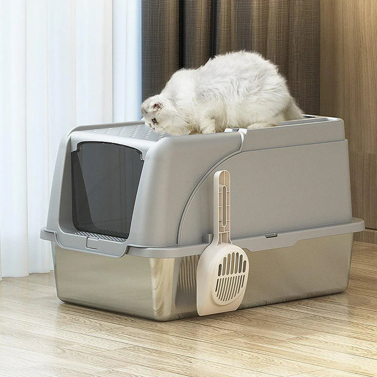 Durable Stainless Steel Cat Litter Box Pan Pet Toilet Odor Control Tray Large - Grey