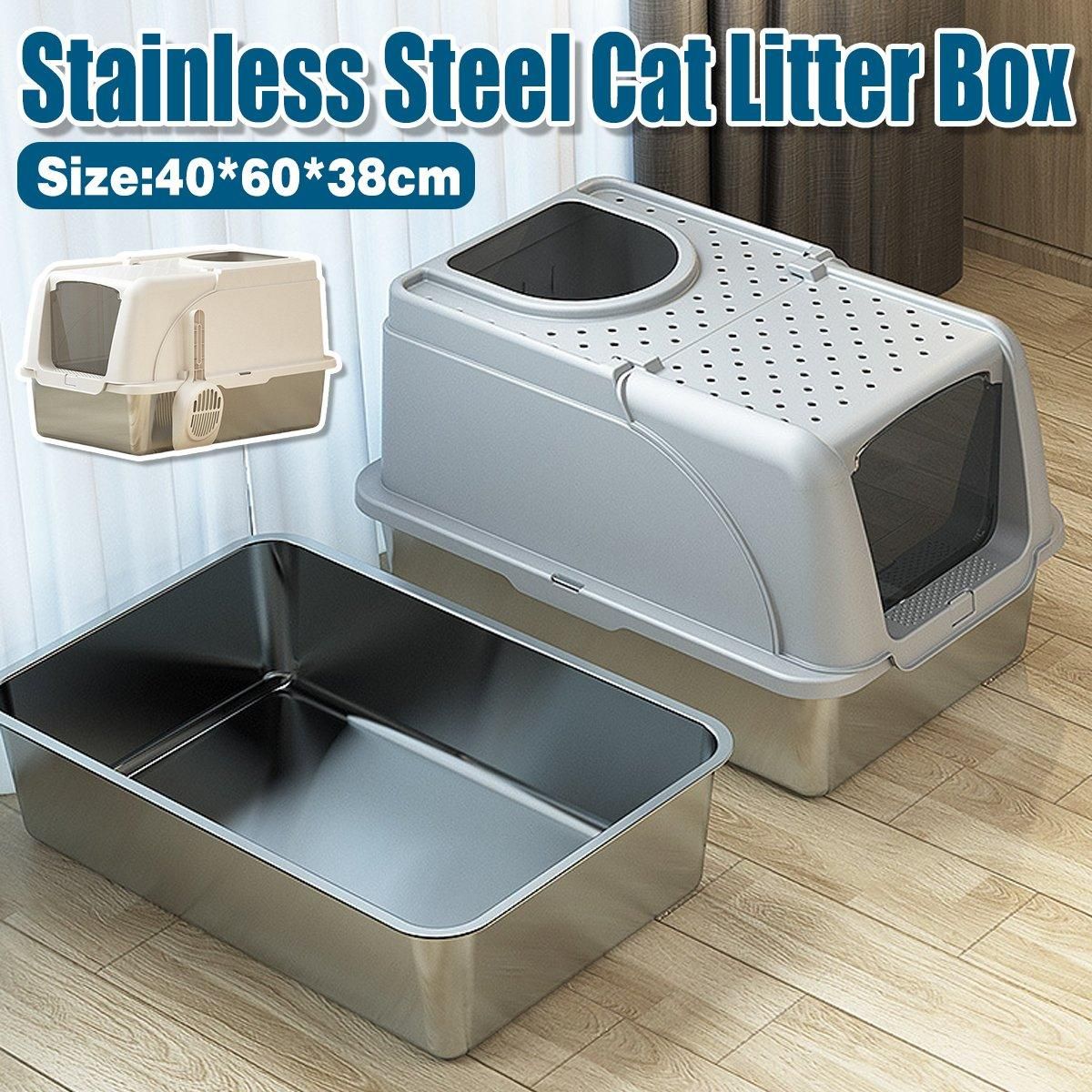 Durable Stainless Steel Cat Litter Box Pan Pet Toilet Odor Control Tray Large - Grey