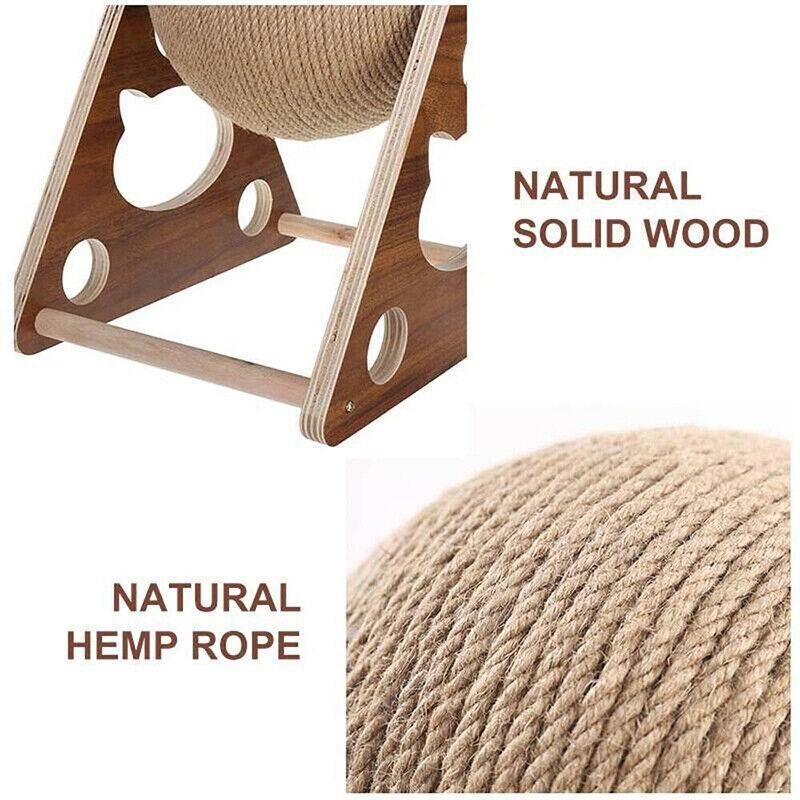 Wooden Cat Scratcher Toy with Rotating Sisal Ball Scratch Post Triangle Frame