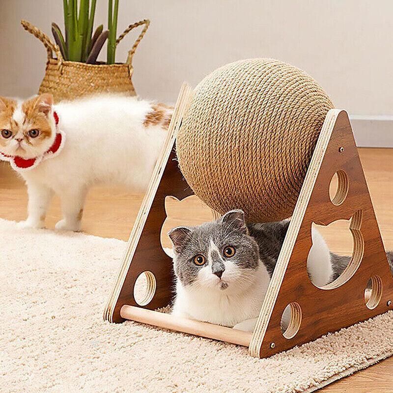 Wooden Cat Scratcher Toy with Rotating Sisal Ball Scratch Post Triangle Frame