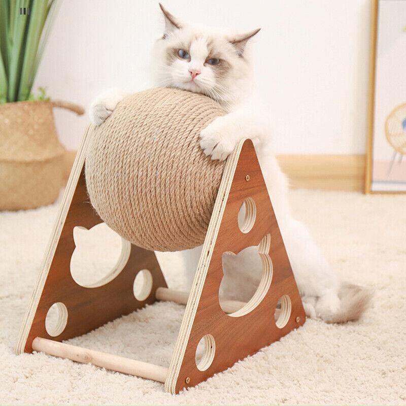 Wooden Cat Scratcher Toy with Rotating Sisal Ball Scratch Post Triangle Frame