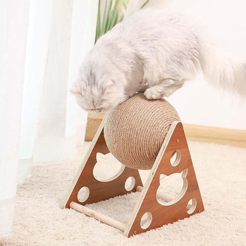 Wooden Cat Scratcher Toy with Rotating Sisal Ball Scratch Post Triangle Frame