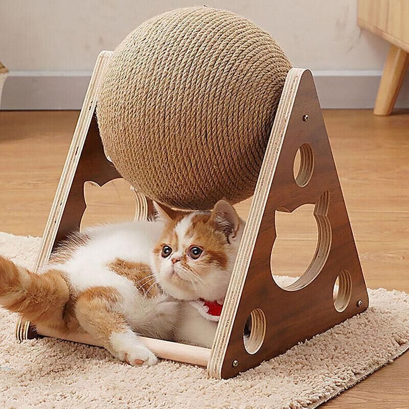 Wooden Cat Scratcher Toy with Rotating Sisal Ball Scratch Post Triangle Frame