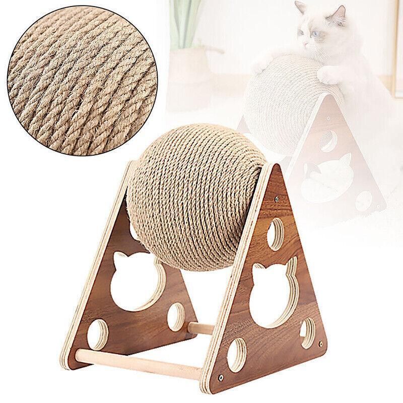 Wooden Cat Scratcher Toy with Rotating Sisal Ball Scratch Post Triangle Frame
