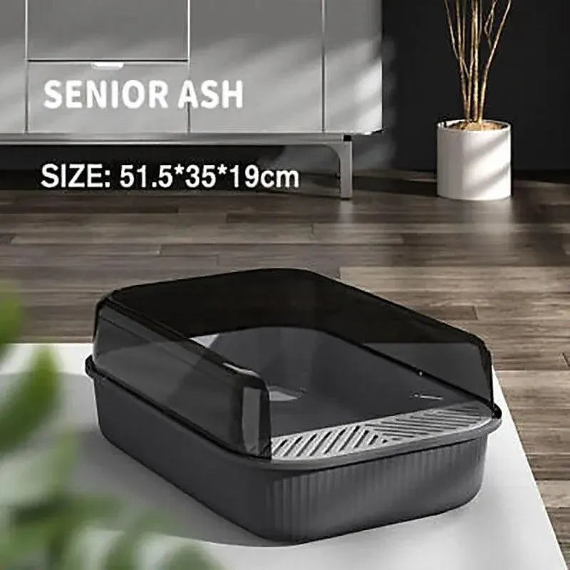 Litter Tray Box with Splash Guard and Wide Opening for Cats Open Top Design - Grey