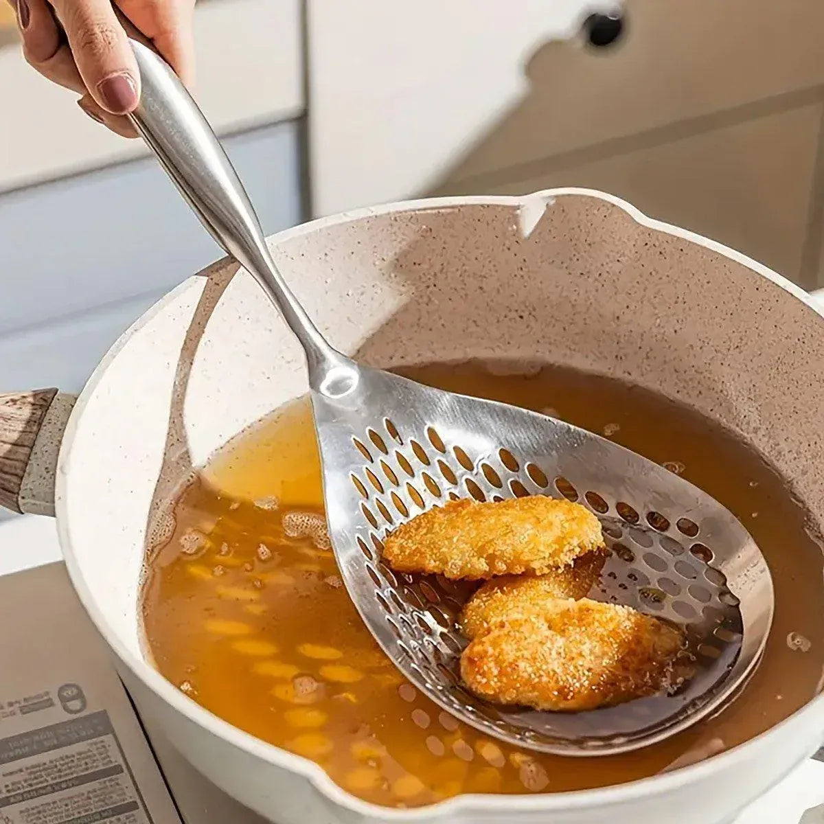 304 Stainless Steel Kitchen Colander Long Handle Noodle Dumpling Strainer Spoon - Stainless steel