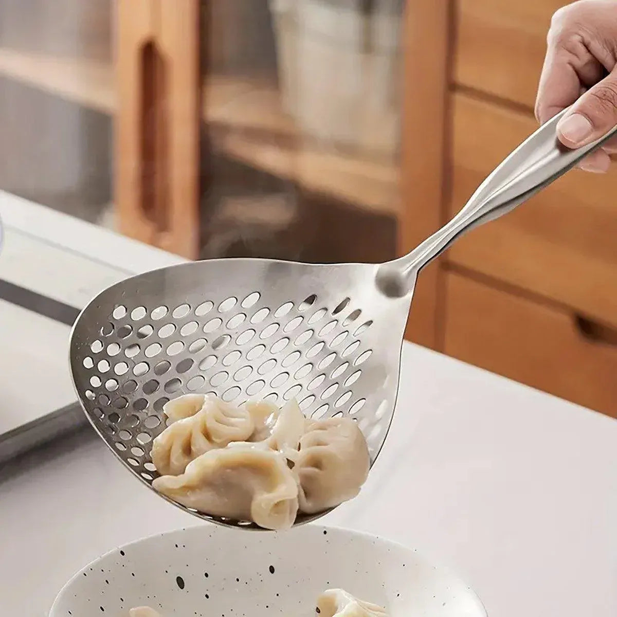 304 Stainless Steel Kitchen Colander Long Handle Noodle Dumpling Strainer Spoon - Stainless steel
