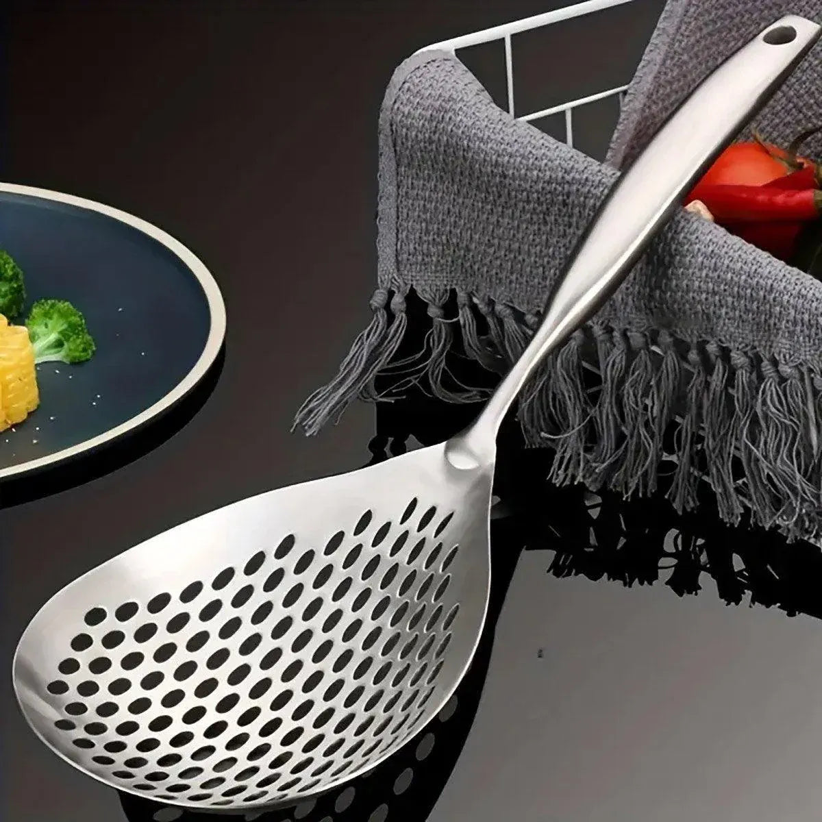 304 Stainless Steel Kitchen Colander Long Handle Noodle Dumpling Strainer Spoon - Stainless steel