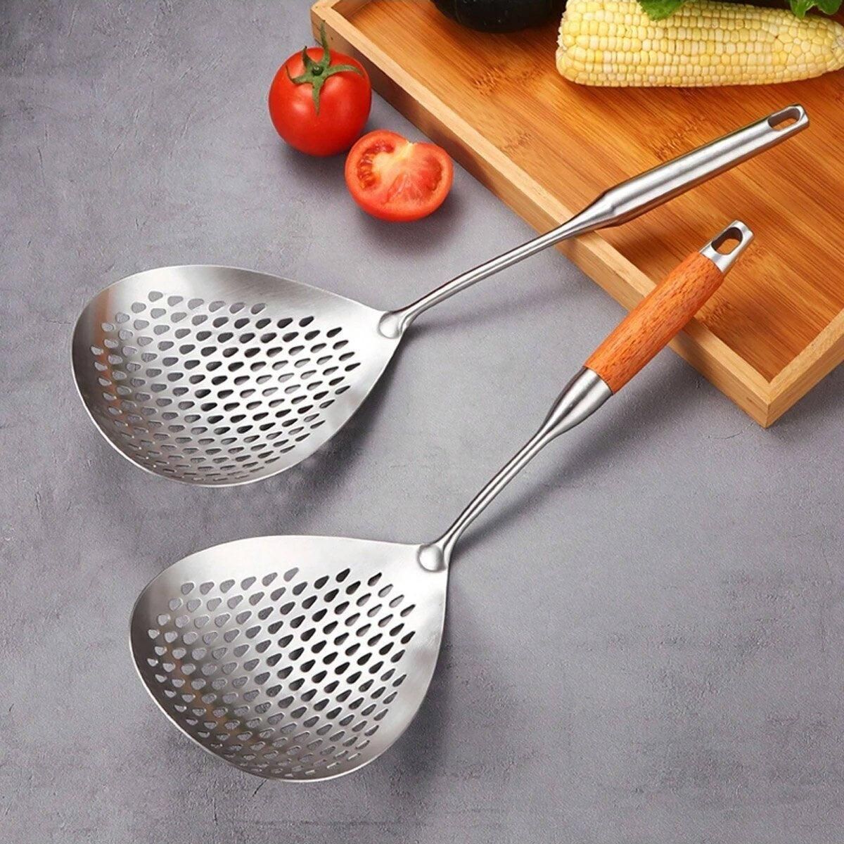 304 Stainless Steel Kitchen Colander Long Handle Noodle Dumpling Strainer Spoon - Stainless steel