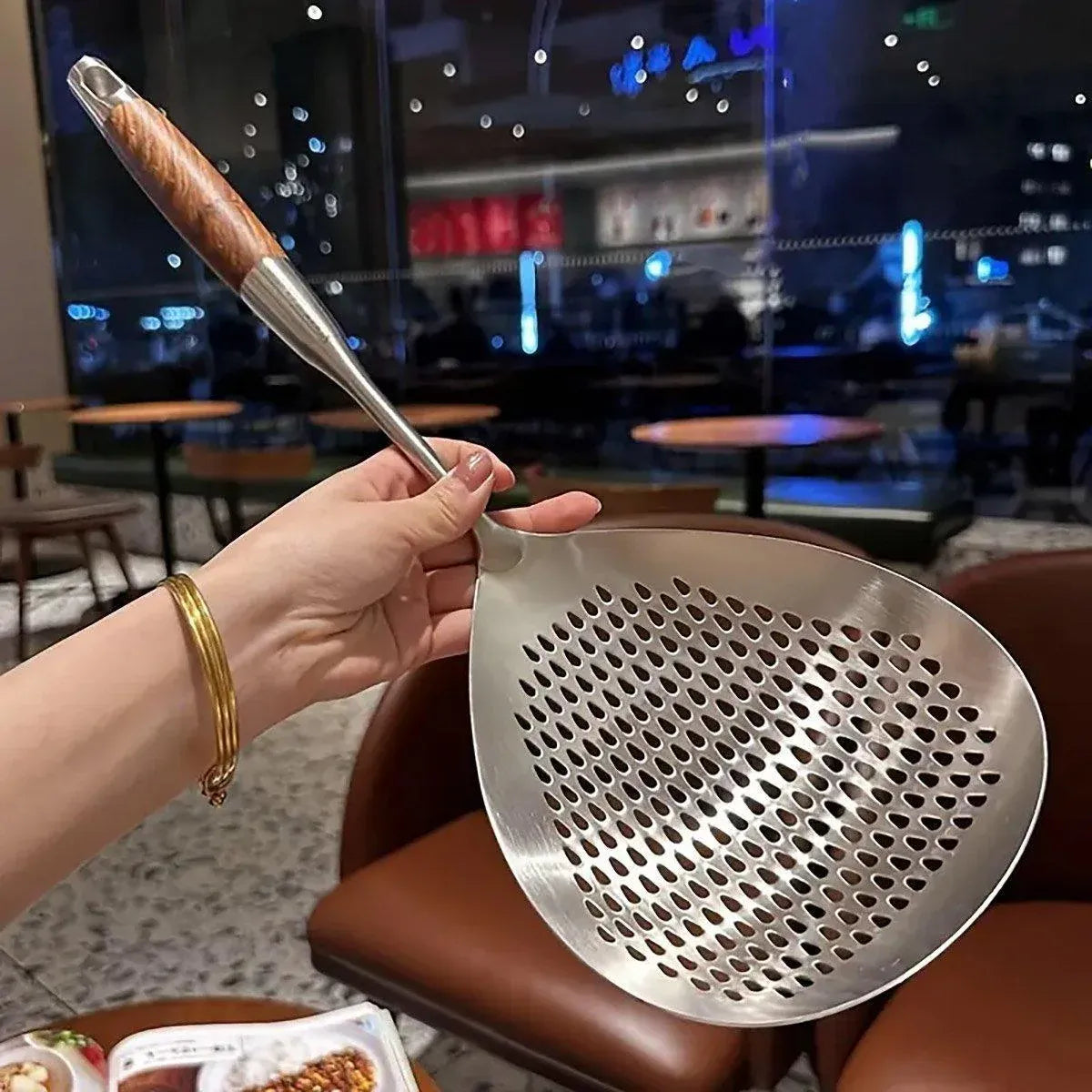 304 Stainless Steel Kitchen Colander Long Handle Noodle Dumpling Strainer Spoon - Stainless steel