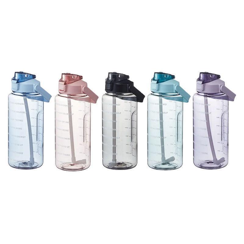 2L Water Bottle Straw Cup Motivational Drink Flask With Time Markings Sports Gym - Black