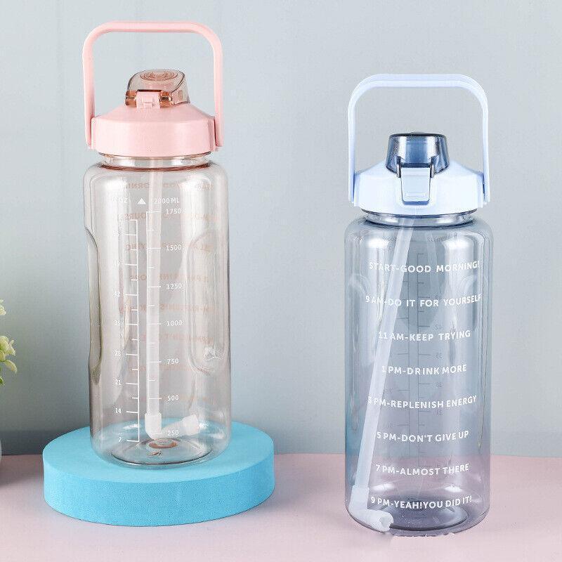 2L Water Bottle Straw Cup Motivational Drink Flask With Time Markings Sports Gym - Black