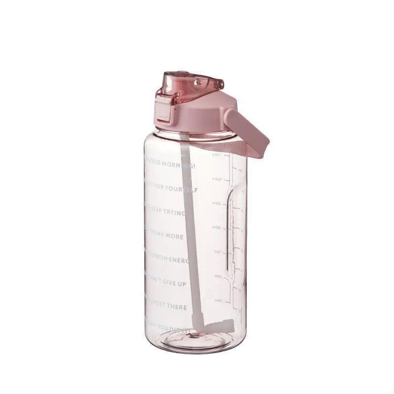 2L Water Bottle Straw Cup Motivational Drink Flask With Time Markings Sports Gym - Black