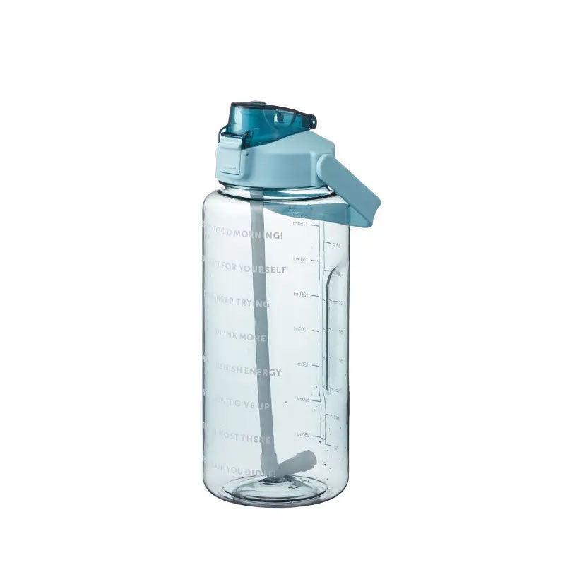 2L Water Bottle Straw Cup Motivational Drink Flask With Time Markings Sports Gym - Black