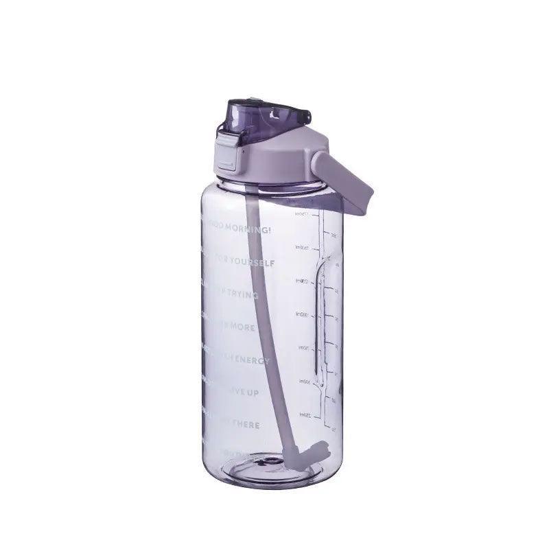 2L Water Bottle Straw Cup Motivational Drink Flask With Time Markings Sports Gym - Black