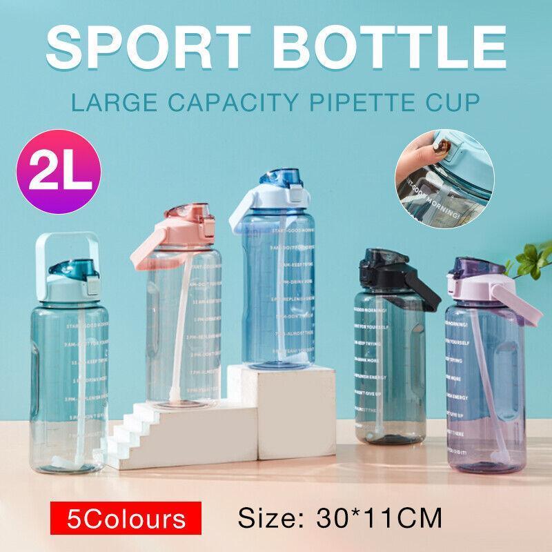 2L Water Bottle Straw Cup Motivational Drink Flask With Time Markings Sports Gym - Blue