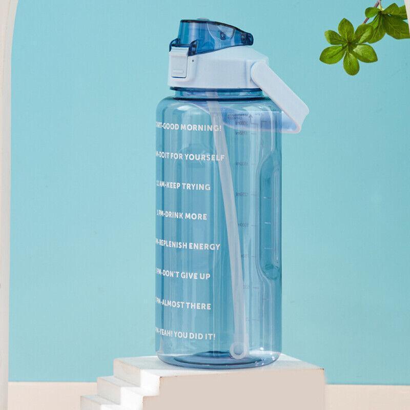 2L Water Bottle Straw Cup Motivational Drink Flask With Time Markings Sports Gym - Blue