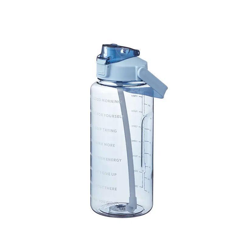 2L Water Bottle Straw Cup Motivational Drink Flask With Time Markings Sports Gym - Blue