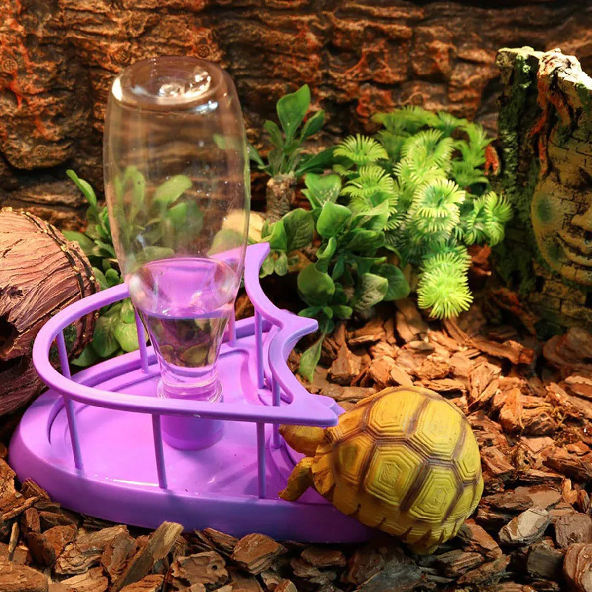 Reptile Water Bowl with Bottle for Lizard Gecko Snake Inverted Bottle Dispenser - Purple Platform L