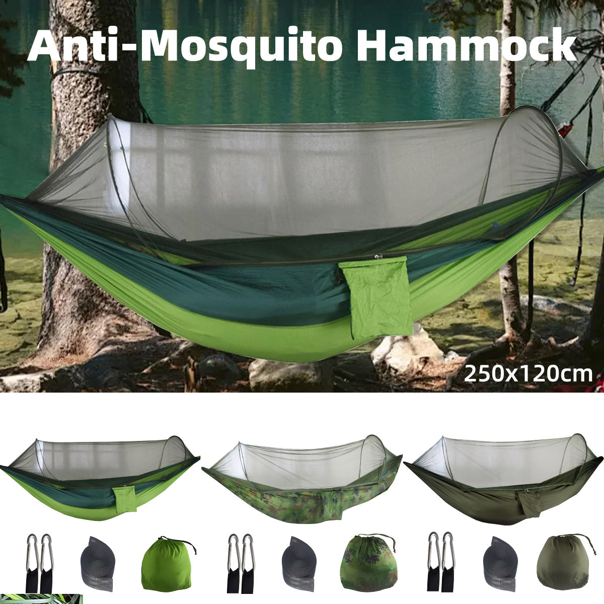 Camping Hammock Tent Set Double Outdoor Hanging Bed With Mosquito Net For Travel - Army green