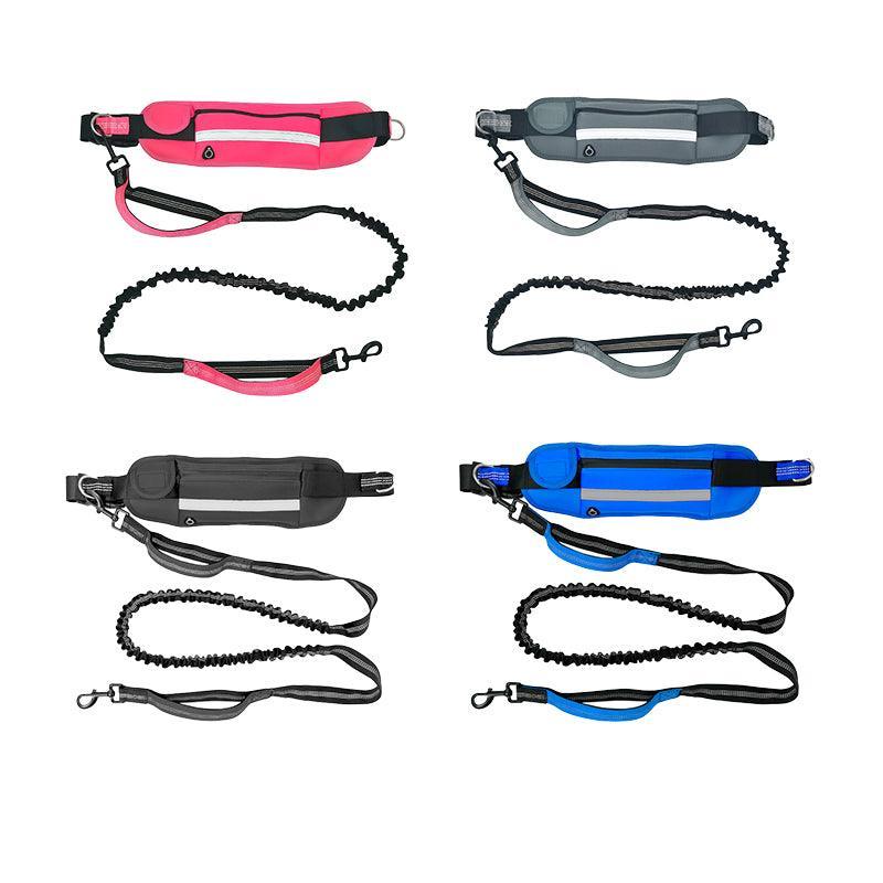 Hands Free Dog Leash Adjustable Lead with Waist Belt Bag for Walking Jogging Running - Black + Blue