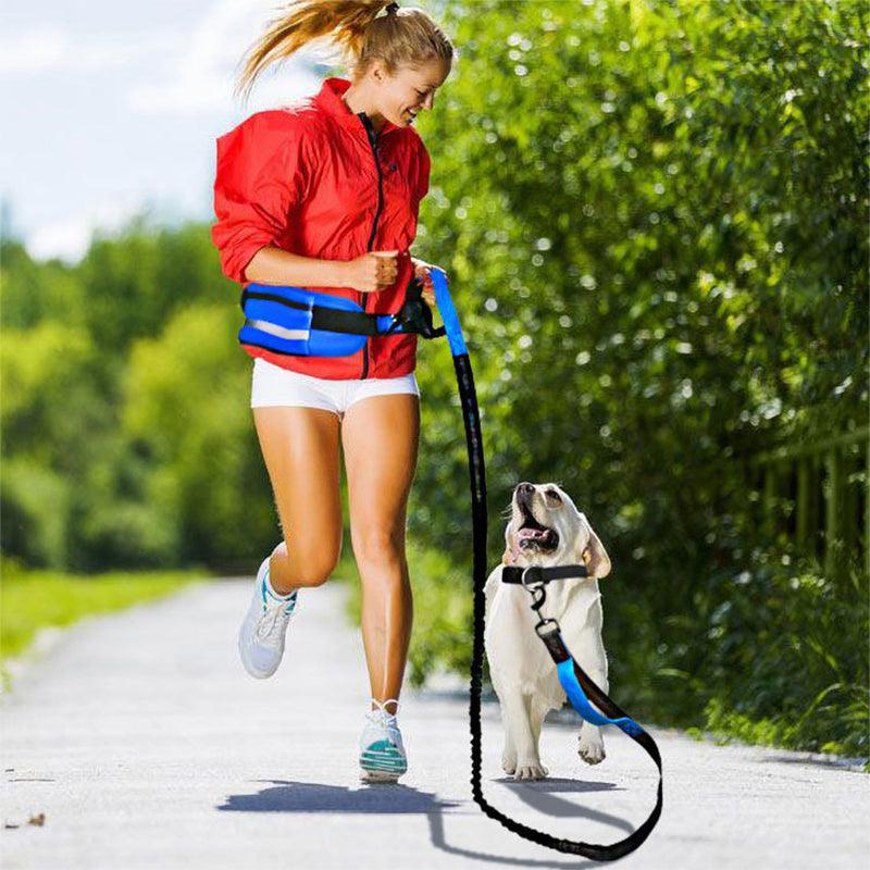 Hands Free Dog Leash Adjustable Lead with Waist Belt Bag for Walking Jogging Running - Black+Pink
