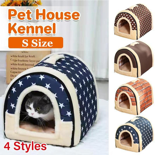 S Size Pet House Kennel Soft Igloo Beds Cave Cat Puppy Bed Warm Cushion Fold - Blue Stars