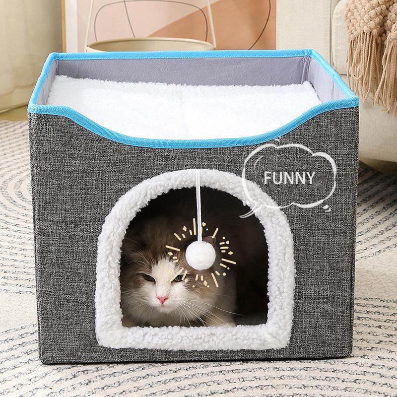 Foldable Pet Cat Calming Bed Hideaway Interactive House Nest Scratching Board - Navy