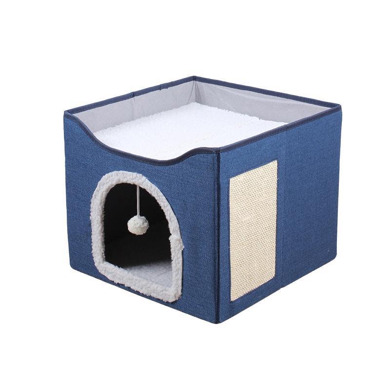 Foldable Pet Cat Calming Bed Hideaway Interactive House Nest Scratching Board - Navy