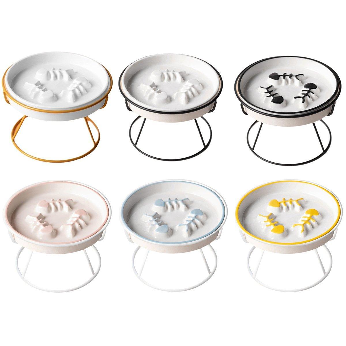 Ceramic Cat Bowl Slow Feeder Pet Food Tray for Cats and Dogs Non Slip Design - Black Bowl-Black Tray Rack