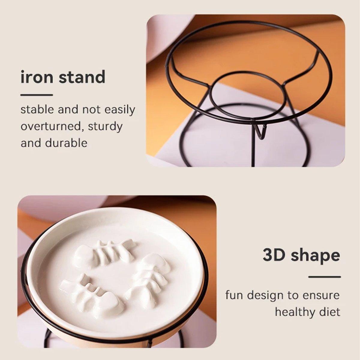 Ceramic Cat Bowl Slow Feeder Pet Food Tray for Cats and Dogs Non Slip Design - Black Bowl-Black Tray Rack
