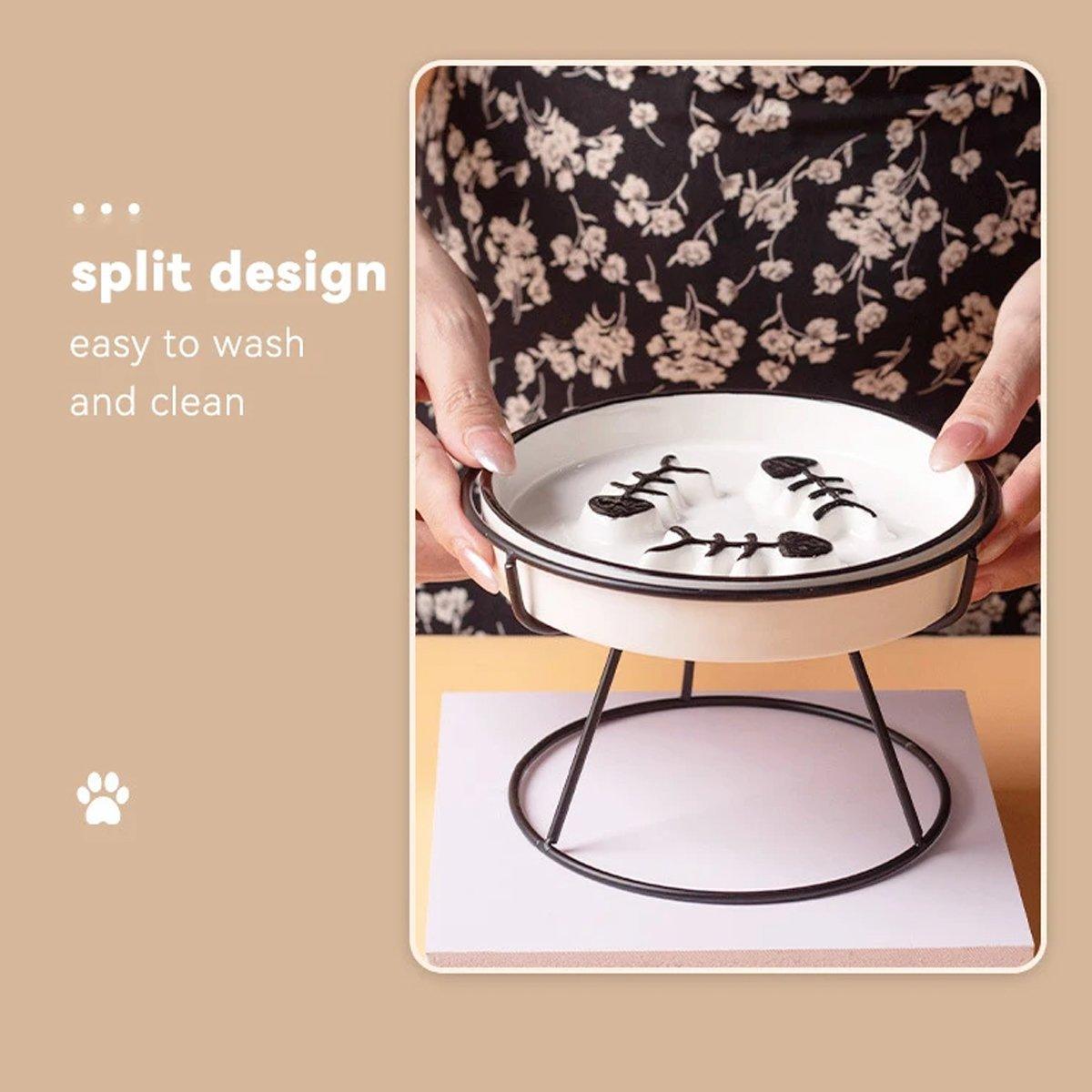 Ceramic Cat Bowl Slow Feeder Pet Food Tray for Cats and Dogs Non Slip Design - Black Bowl-Black Tray Rack
