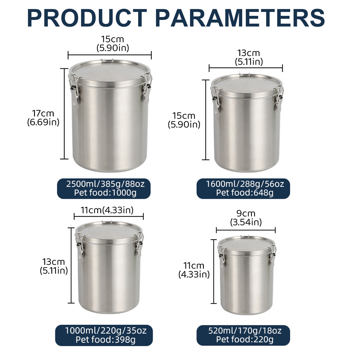 Stainless Steel Pet Food Storage Bucket Dog Cat Grain Container Bin Kitchen - 1600ml