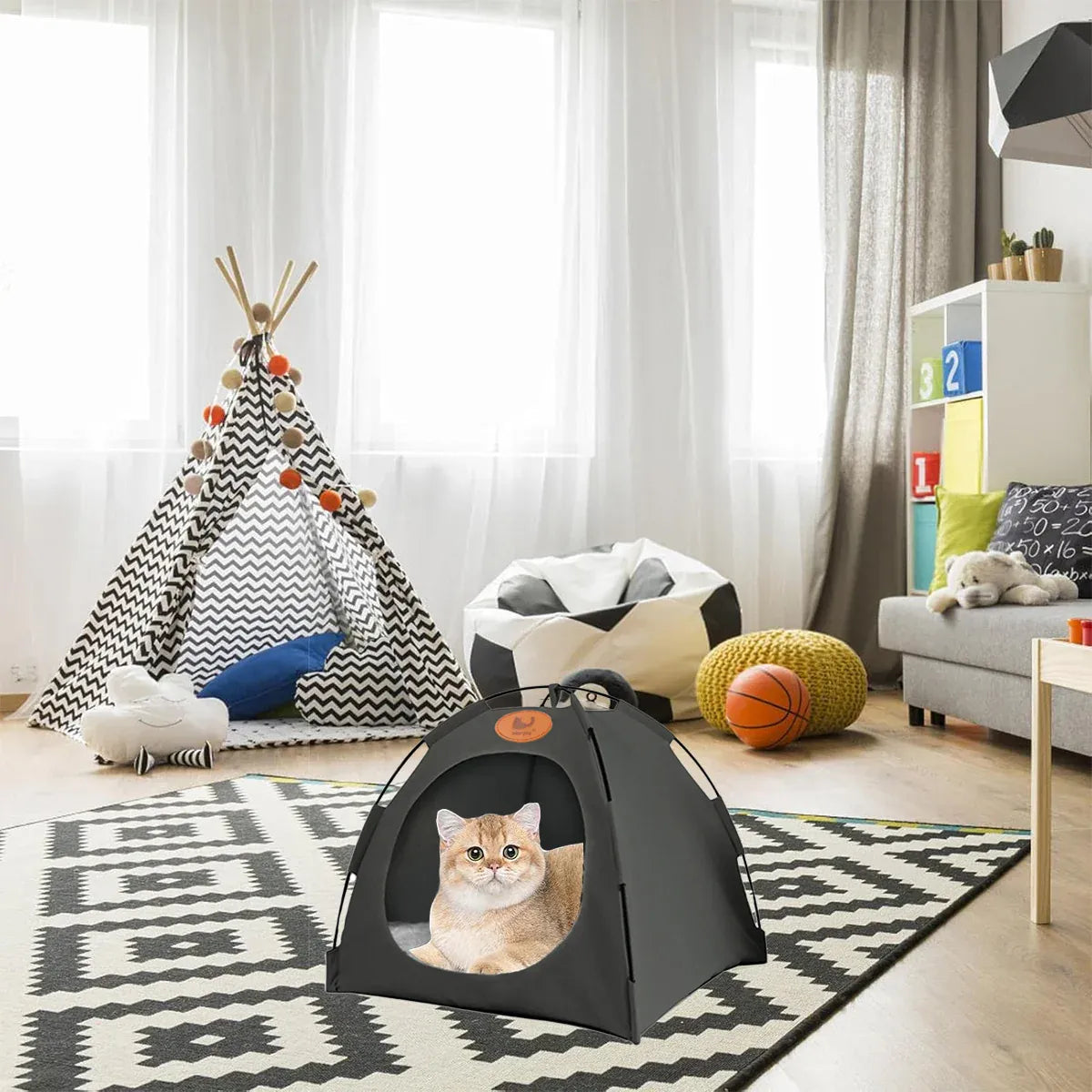 Folding Camping Pet Tent for Cats Puppy Bed Indoor Cat Nest Dog Cave Style House - Beige