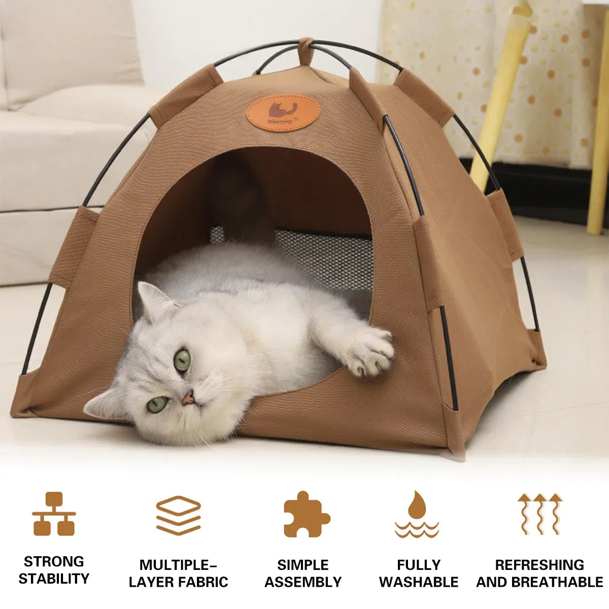 Folding Camping Pet Tent for Cats Puppy Bed Indoor Cat Nest Dog Cave Style House - Coffee