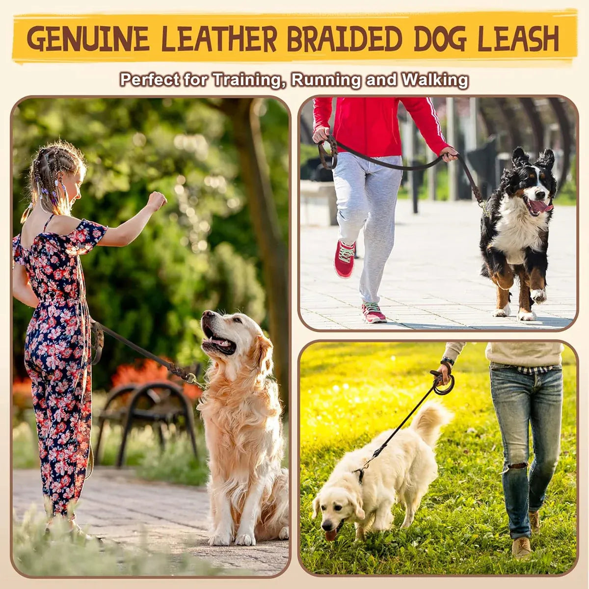 Dog Leash Cowhide Lead Heavy Duty Leather M Size Brown For Walking Training - Black