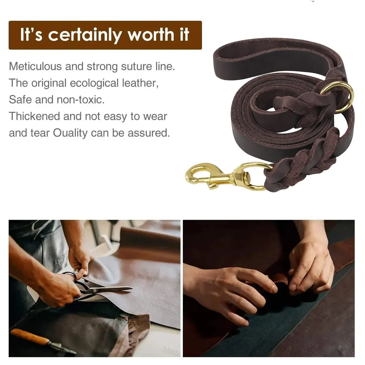 Dog Leash Cowhide Lead Heavy Duty Leather M Size Brown For Walking Training - Black