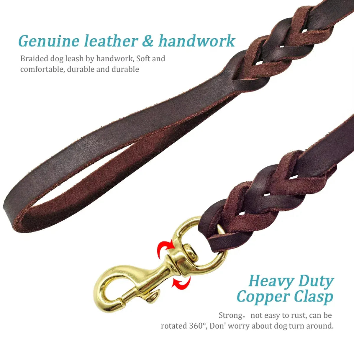 Dog Leash Cowhide Lead Heavy Duty Leather M Size Brown For Walking Training - Black