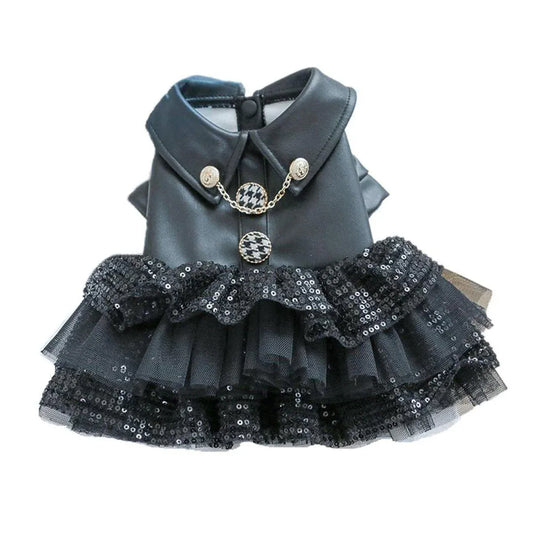 Autumn Winter Pet Dog Cat Dress Faux Leather Sequin Skirt Outfit for Small Dogs - L